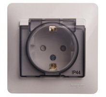 Glossa Белый Розетка с заземлением со шторками с крышкой, IP44 (в сборе с рамкой)  GSL000148  SE