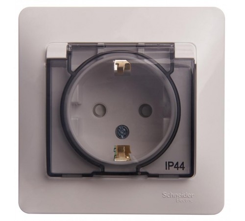 Glossa Белый Розетка с заземлением со шторками с крышкой, IP44 (в сборе с рамкой)  GSL000148  SE