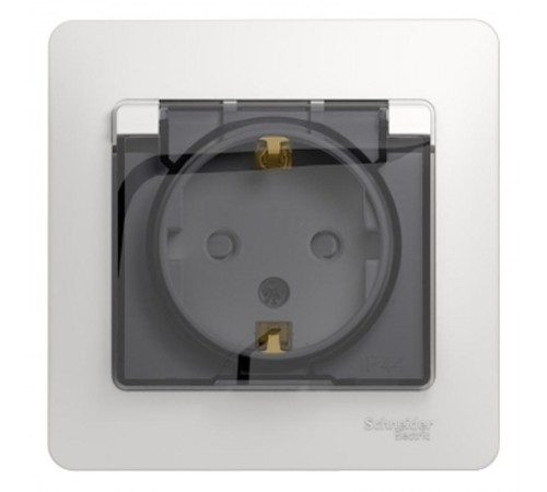 Glossa Белый Розетка с заземлением со шторками с крышкой, IP44 (в сборе с рамкой)  GSL000148  SE