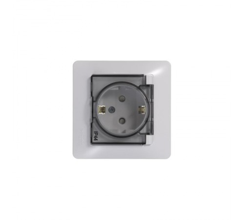 Glossa Белый Розетка с заземлением со шторками с крышкой, IP44 (в сборе с рамкой)  GSL000148  SE