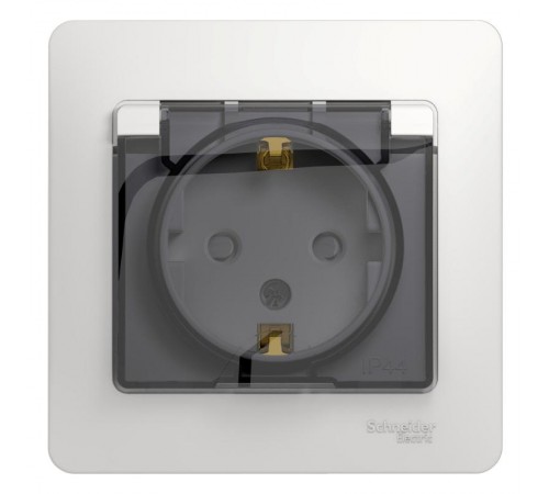 Glossa Белый Розетка с заземлением со шторками с крышкой, IP44 (в сборе с рамкой)  GSL000148  SE