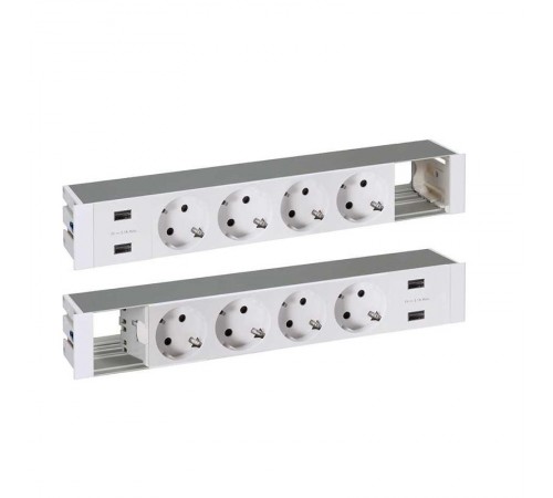 Двухсторонний врезной x12 розеточный блок, щетка, 8x2P+E, 4xUSB з/у, 2 пустых модуля, алюминий, S400  46624000-133  Simon