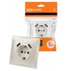 Розетка 2П+З 16А 250В + 2 USB порта 2,1А 5В перламутр "Лама"  SQ1815-0842  TDM