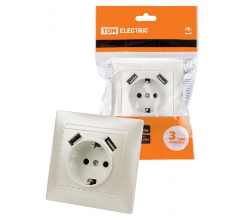 Розетка 2П+З 16А 250В + 2 USB порта 2,1А 5В перламутр "Лама"  SQ1815-0842  TDM
