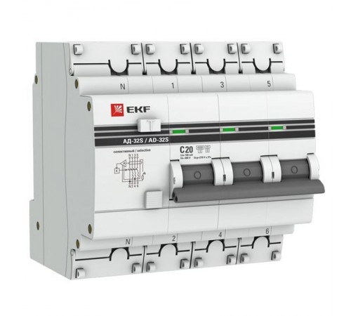 Выключатель автоматический дифференциального тока АД-32 (селективный) 3P+N 20А/100мА PROxima DA32-20-100S-4P-pro  EKF