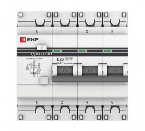 Выключатель автоматический дифференциального тока АД-32 (селективный) 3P+N 20А/100мА PROxima DA32-20-100S-4P-pro  EKF
