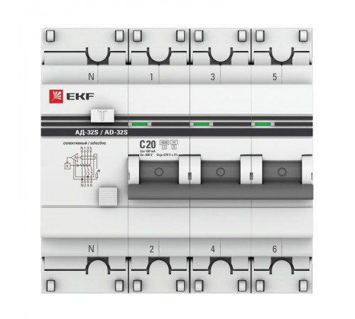 Выключатель автоматический дифференциального тока АД-32 (селективный) 3P+N 20А/100мА PROxima DA32-20-100S-4P-pro  EKF