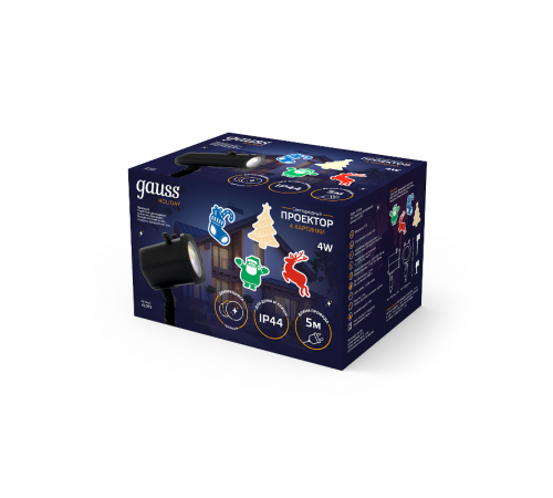 Проектор светодиодный "4 картинки" серия Holiday, анимированные картинки Дед Мороз, Рождественский Олень, Подарки, Ёлка, IP44, 1/30  HL093  Gauss