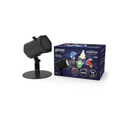 Проектор светодиодный "4 картинки" серия Holiday, анимированные картинки Дед Мороз, Рождественский Олень, Подарки, Ёлка, IP44, 1/30  HL093  Gauss