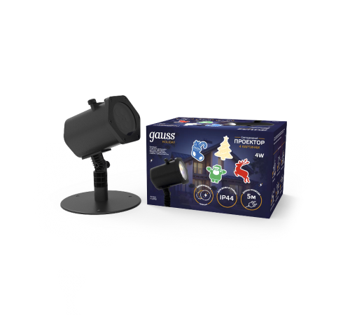 Проектор светодиодный "4 картинки" серия Holiday, анимированные картинки Дед Мороз, Рождественский Олень, Подарки, Ёлка, IP44, 1/30  HL093  Gauss