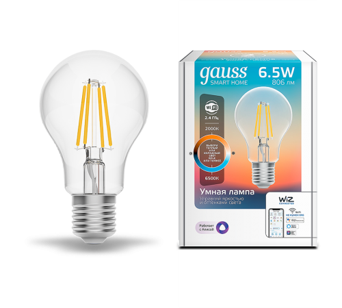 Лампа светодиодная филаментная Smart Home DIM+CCT E27 A60 6,5Вт 2000-6500 К 1/10/40  1220112  Gauss