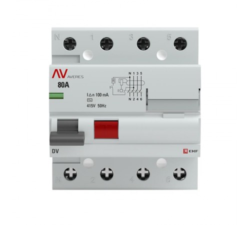 Выключатель дифференциальный (УЗО) DV 4п 80А 100мА тип AC AVERES  rccb-4-80-100-ac-av  EKF