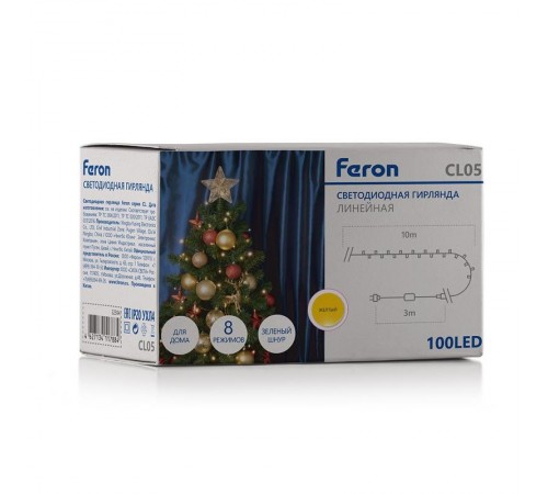Гирлянда светодиодная линейная 230V 100 LED желтый, IP 20, шнур 3м , CL05  32309  FERON