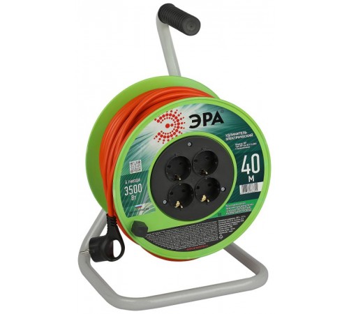 Удлинитель силовой  RP-4e-3x1.5-40m на пластиковой катушке c заземлением 4 розетки 40м ПВС 3х1,5мм2   Б0056103  ЭРА