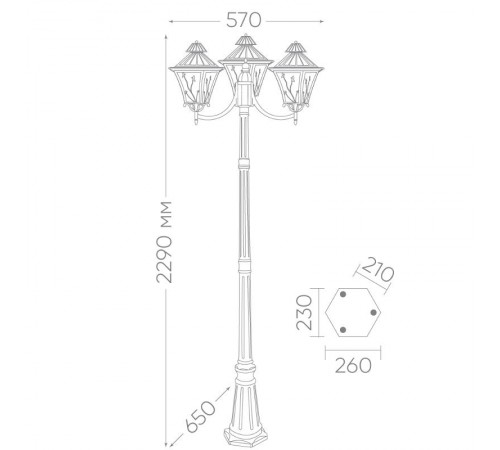 Светильник декоративный уличный PL638 3*60W 230V E27 650*570*2290мм, черное золото (столб)  11646  Feron