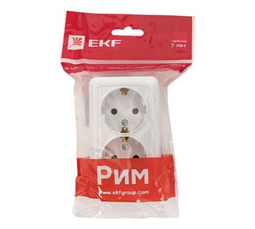 Рим Розетка 2-местная 16А с заземлением белая EKF  ENR16-128-10  EKF