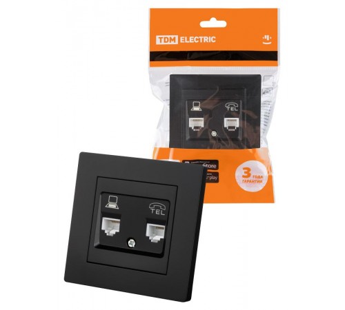 Розетка телефонная RJ11 + компьютерная RJ45 черная "Сенеж"  SQ1816-0327  TDM