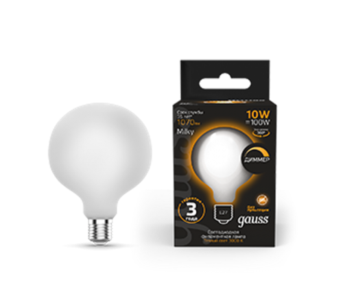 Лампа светодиодная Filament G125 10W 1070lm 3000К Е27 milky диммируемая LED 1/20  187202110-D  Gauss
