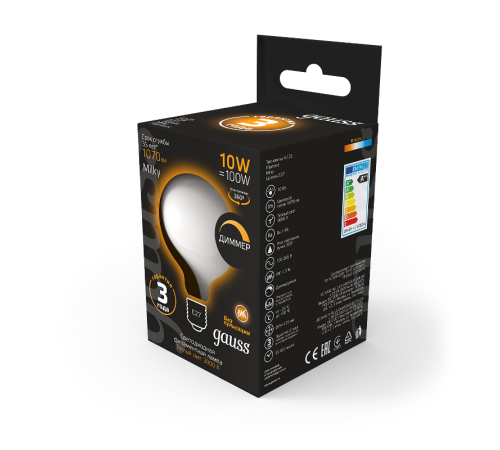 Лампа светодиодная Filament G125 10W 1070lm 3000К Е27 milky диммируемая LED 1/20  187202110-D  Gauss