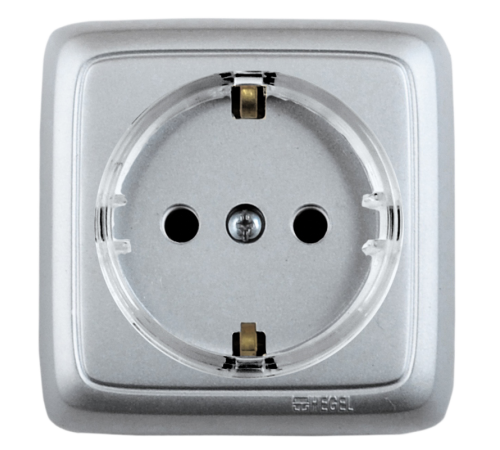 Розетка открытой установки, одноместная, с заземляющим контактом, цвет серебро  РА16-171-06  HEGEL