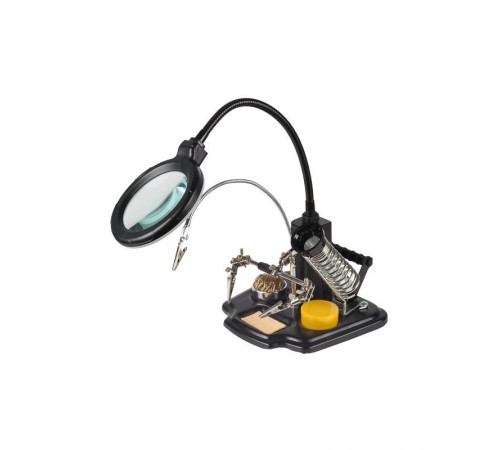 Держатель "третья рука" ПРОФИ с лупой х3, подставка под паяльник, LED подсветка, стенд для припоя (ZD-10Y)   12-0258  REXANT