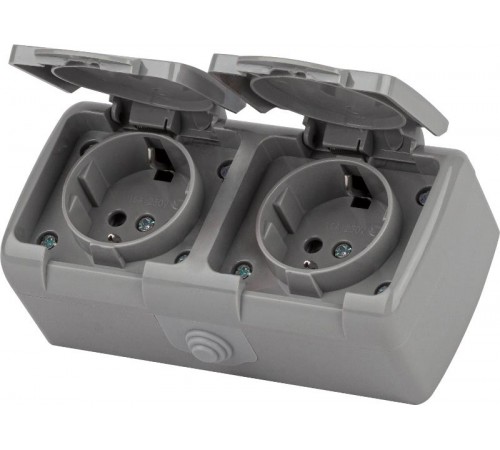 5-203-03 Розетка 2х2P+E Schuko, 16А-250В, IP54, ОУ, Atlantic, серый  Б0051060  Intro