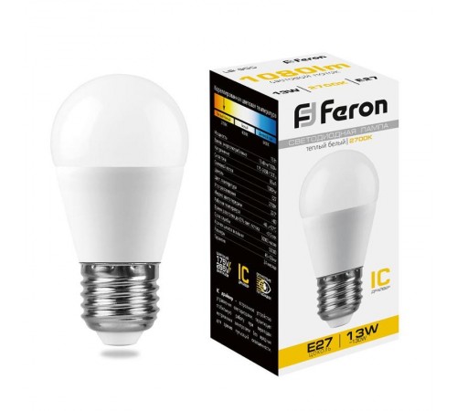 Лампа светодиодная, (13W) 230V E27 2700K G45, LB-950  38104  FERON