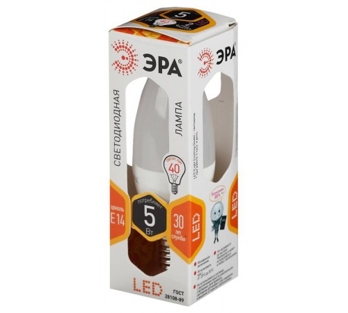 Лампа светодиодная LED 5Вт E14 220В 2700К smd B35 свеча  Б0018871  ЭРА
