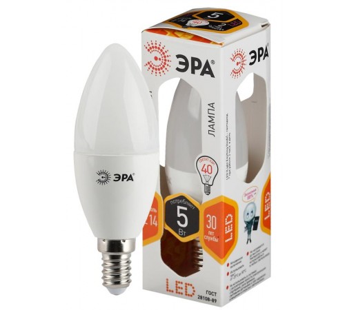 Лампа светодиодная LED 5Вт E14 220В 2700К smd B35 свеча  Б0018871  ЭРА