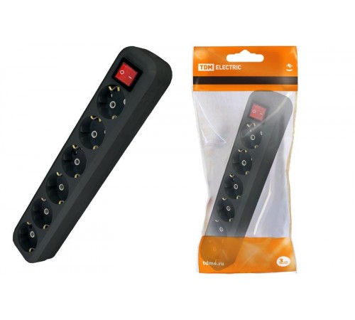 Колодка розеточная 6 гнезд 2П+З с выключателем16А 250В черная  SQ1806-0140  TDM