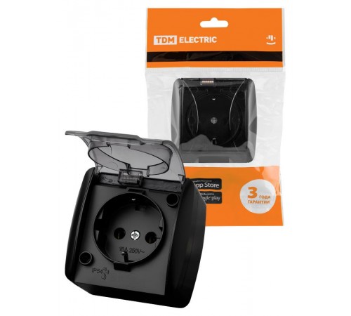Розетка 2П+3 открытой установки IP54 16А с прозрачной крышкой графит "Селигер"  SQ1818-0307  TDM