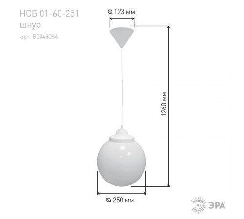 Светильник садово-парковый НСБ 02-60-251 , шар опал подвес шнур D=250 mm  Б0048086  ЭРА