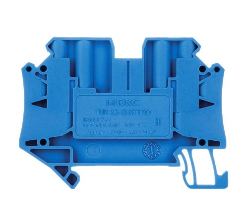 Клемма проходная, винтовой зажим, 4 точки подключения, 2.5 кв.мм, синяя  TUR-2.5-QUATTRO-BU  DKC
