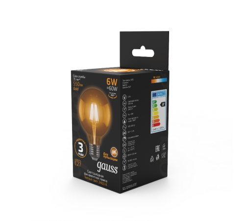 Лампа светодиодная Black LED Filament G95 E27 6W Golden 550lm 2400K  105802006  Gauss