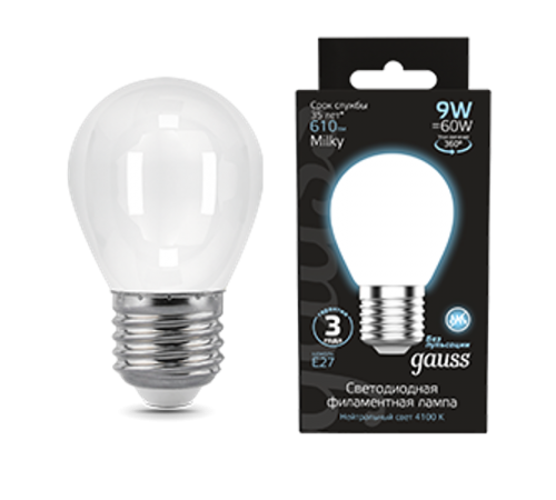 Лампа светодиодная Filament Шар 9W 610lm 4100К Е27 milky LED 1/10/50  105202209  Gauss