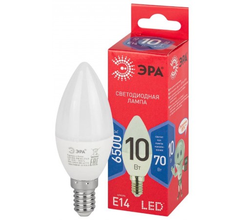 Лампа светодиодная ЭКО LED B35-10W-865-E14 R (диод, свеча, 10Вт, хол, E14)  Б0045337  ЭРА