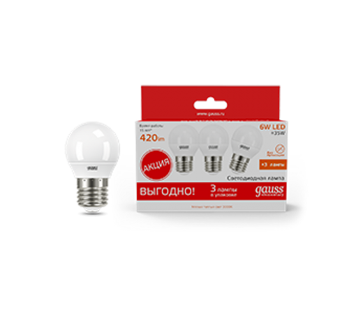 Лампа светодиодная Elementary Шар 6W 3000K E27 (3 лампы в упаковке) LED 1/40  53216T  Gauss