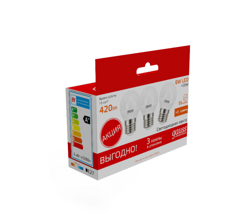 Лампа светодиодная Elementary Шар 6W 3000K E27 (3 лампы в упаковке) LED 1/40  53216T  Gauss