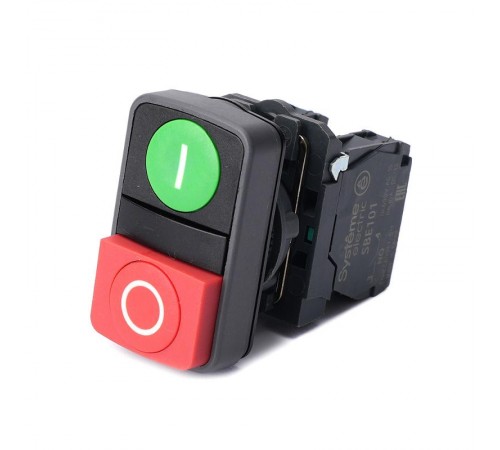 Кнопка двойн SB5 в сборе модуль 22мм зел "I"+красн выступ "O" пластик 1НО+1НЗ  SB5AL73415  SE