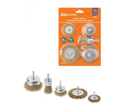 Набор щеток для дрели, латунир., 5 предметов: "плоские" 50,75 мм, "чашки" 25,50,75 мм, "Рубин",  SQ1096-0214  TDM