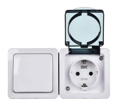 Гермес PLUS белая клав.дымчатая крышка Блок выключатель 1-клавишный и розетка с з/к и крышкой О/У IP54 БГб-22-31-ГПБд  EBGMP20-K03-31-54-EC  IEK