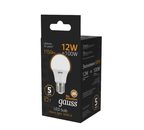 Лампа светодиодная LED 12Вт E27 220В 2700К A60 шар  102502112  Gauss