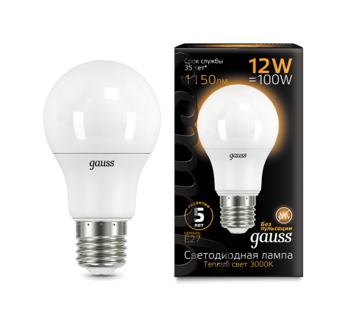 Лампа светодиодная LED 12Вт E27 220В 2700К A60 шар  102502112  Gauss