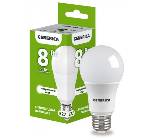 Лампа светодиодная A60 груша 8Вт 230В 4000К E27   LL-A60-08-230-40-E27-G  GENERICA