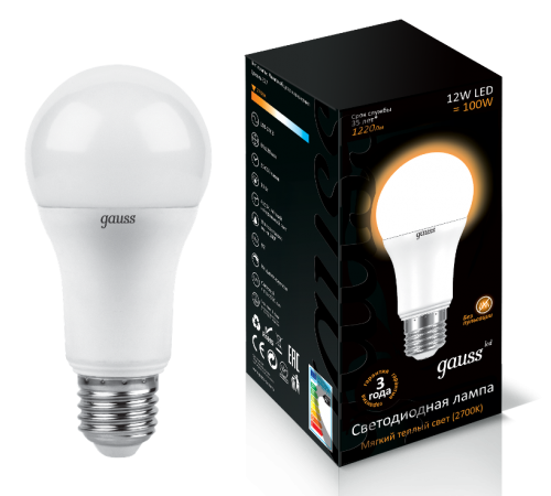 Лампа светодиодная LED 12Вт E27 220В 2700К A60 шар  102502112  Gauss