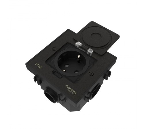 MultiDesk Лючок с розеткой 2К+З, 16А/250В, IP44 с монтажной коробкой для бетонных полов Чёрный матовый, тип MDK21  MDK21202MBC  SE