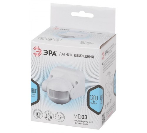 Датчик движения белый, макс. нагрузка MD 03  500Вт, угол обзора 140град., дальность 12м, монитори  Б0043809  ЭРА 
