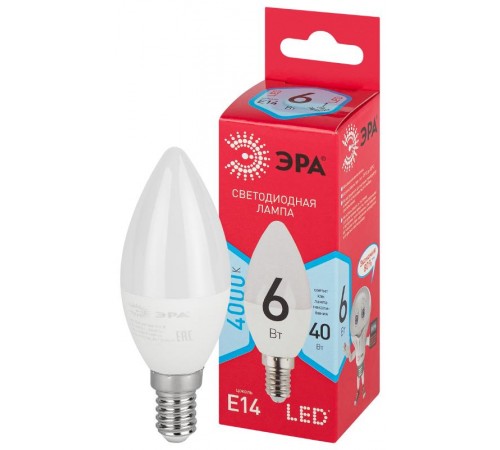 Лампа светодиодная RED LINE LED B35-6W-840-E14 R E14 / Е14 6 Вт свеча нейтральный белый свет  Б0051057  ЭРА