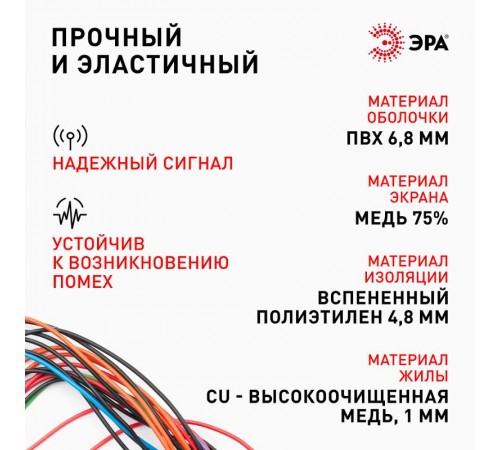 ЭРА Кабель коаксиальный SAT 50 М, 75 Ом, Cu/(оплётка Cu 75%), PVC, цвет белый, бухта 100 м  Б0044617  ЭРА