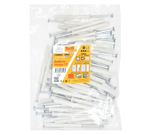 Дюбель-гвоздь YZ потайн. манжета нейлон 8x80 (60 шт)- пакет  147493  Tecfi